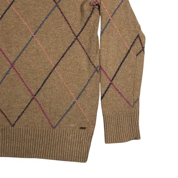 Tommy Hilfiger Mens Sweater Argyle Crewneck Brown Wool/Cotton Blend Distressed - Picture 3 of 8